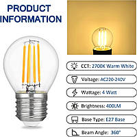 Светодиодная лампа Akynite G45 E27 с регулируемой яркостью, 4 Вт, теплый белый, 2700 К