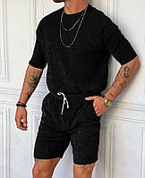 Костюм спортивный мужской двойка футболка + шорты повседневный удобный базовый черный, джинс, оливка, молоко