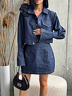 Женский костюм из текстильного джинса: юбка и укороченная рубашка темный джинс.