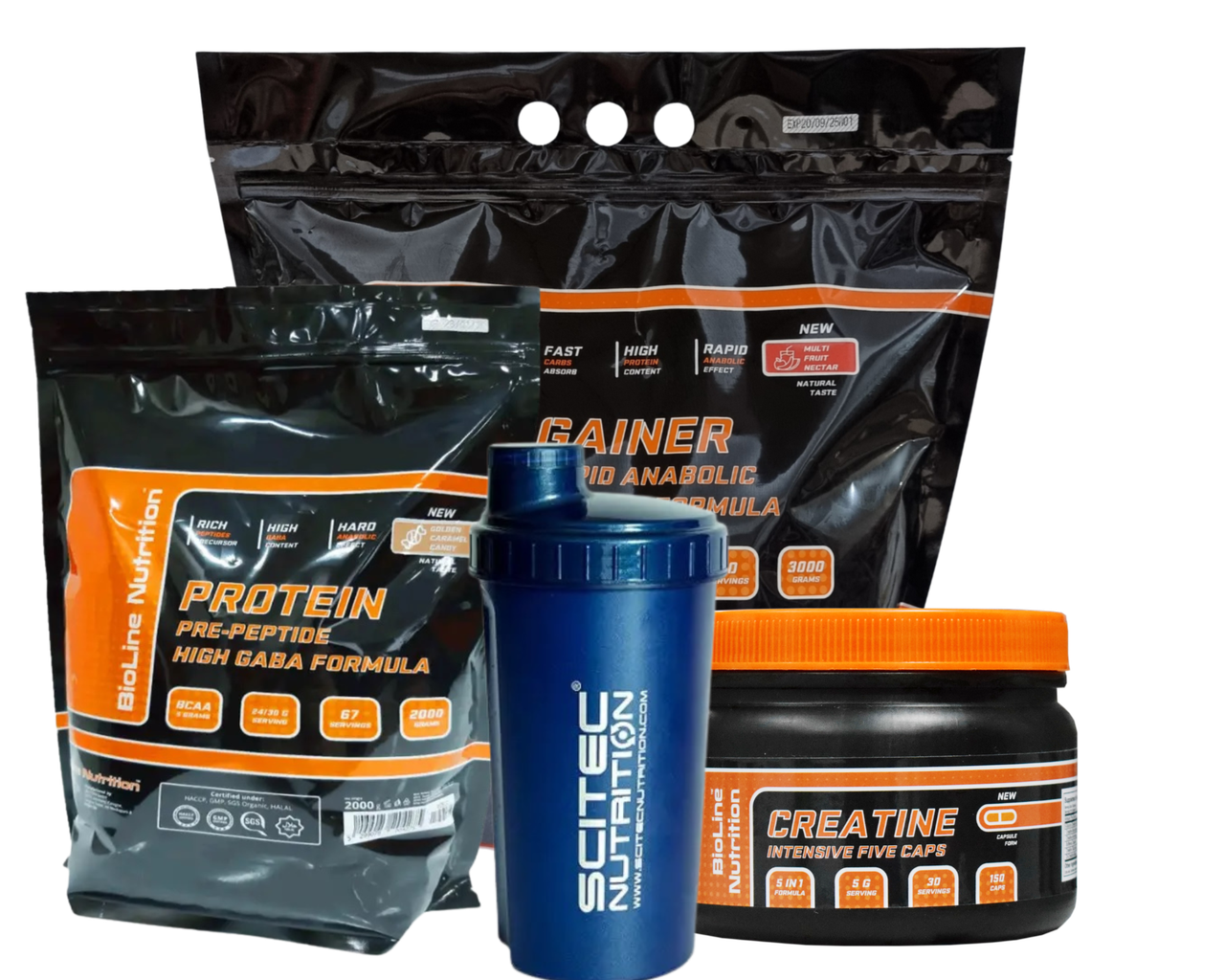 Комплект Bioline для Максимального Росту М'язів: Протеїн 2 кг тірамісу + Гейнер 3 кг + Креатин капсули + Шейкер, фото 1