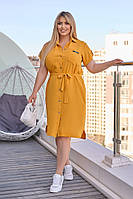 Женское летнее платье рубашка больших размеров из легкой жатки 50-52; 54-56 горчица