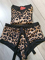Женская леопардовая пижама.Комплект для сна.Домашний,повседневный двухцветный костюм двойка(топ+шорты) 46/48, L/Xl
