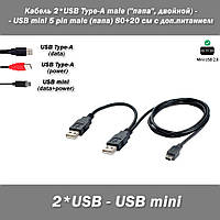 Кабель 2*USB Type-A male ("папа", двойной, с доп.питанием) - USB mini 5 pin male (папа) 80+20 см