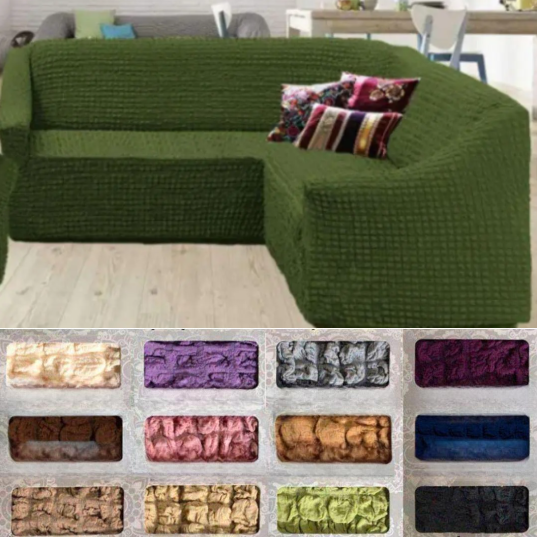 Натяжні чохли на кутові дивани безрозмірні, єврочохол на кутовий диван накидка без оборки жатка Зелений, фото 1
