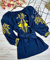 Блуза вышиванка на девочку "Сине-Золотые колоски" рост 122-164