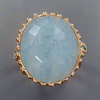 Кольцо серебряное позолоченное с натуральным Аквамарином и фианитами, размер 17.75