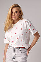 Женская футболка украшена сердечками - молочный цвет, M (есть размеры)