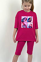 Дитячий комплект oversize футболка + велосипедки "black pink" (фото колаж) 104-110 см Family look