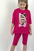 Дитячий костюм oversize футболка + велосипедки "black pink" (фото колаж) 104-110 см Family look