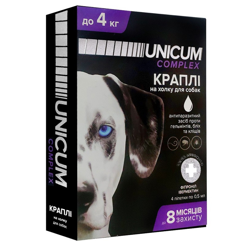 Краплі від бліх кліщів і гельмінтів на холку Unicum complex для собак 0-4 кг No4