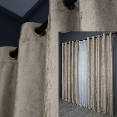 Комплект (2шт. 1,5х2,5м.) штор на люверсах із тканини оксамит (бархат) "Афіна". Колір бежевий. Код 1323ш 37-0090