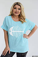 Льняна літня жіноча футболка вільного крою Тканина льон жатий Розмір 46-48 50-52 54-56 58-60