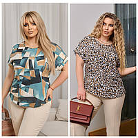 Жіноча літня блуза зі штапелю батал. Розмір: 50-52, 54-56, 58-60. Кольори: коричневий леопард, блакитний.