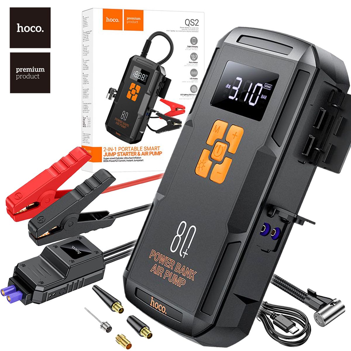 Бустер & Насос для авто HOCO QS2 Land Jump Starter Smart Air Pump Emergency 8000 mAh 800A Black/Orange, фото 1