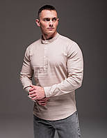 Стильная мужская льняная рубашка , воротник стойка бежевая XL