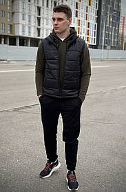 Комплект спортивний костюм жилетка чорний хакі базове худі + штани/костюрист чорного хакі кольору + безрукавка