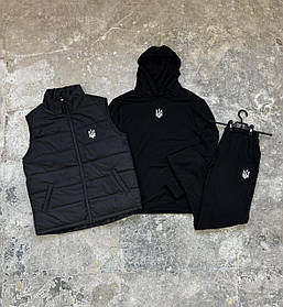 Комплект спортивний костюм Герб жилетка чорний базовий худі + штани/ костюм чорного кольору + безрукавка