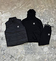 Комплект спортивный костюм жилетка Adidas черный худи + штаны / костюм Адидас черного цвета + безрукавка