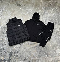 Комплект спортивный костюм жилетка Under Armour черный худи + штаны / костюм Андер черного цвета + безрукавка