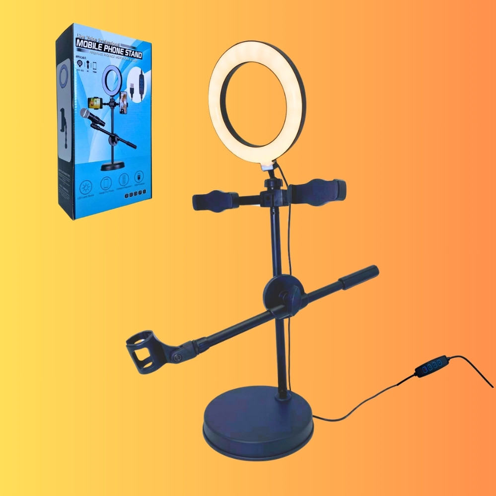 Настільна кільцева ЛЕД лампа USB з двома тримачами для телефонів та тримачем для мікрофона, фото 1
