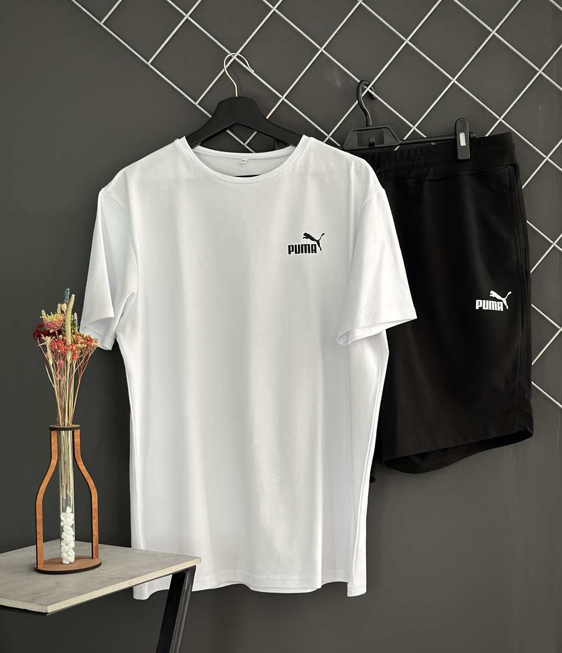 Чоловічий літній комплект Puma шорти чорні футболка білий спортивний комплект Пума на літо