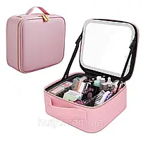 Дорожная косметичка с LED зеркалом (26х23х11см), Розовая / Органайзер чемоданчик для косметики