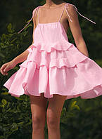 Легкое воздушное платье розовое на бретельках, нежный свободный сарафан летящий розовый с рюшами