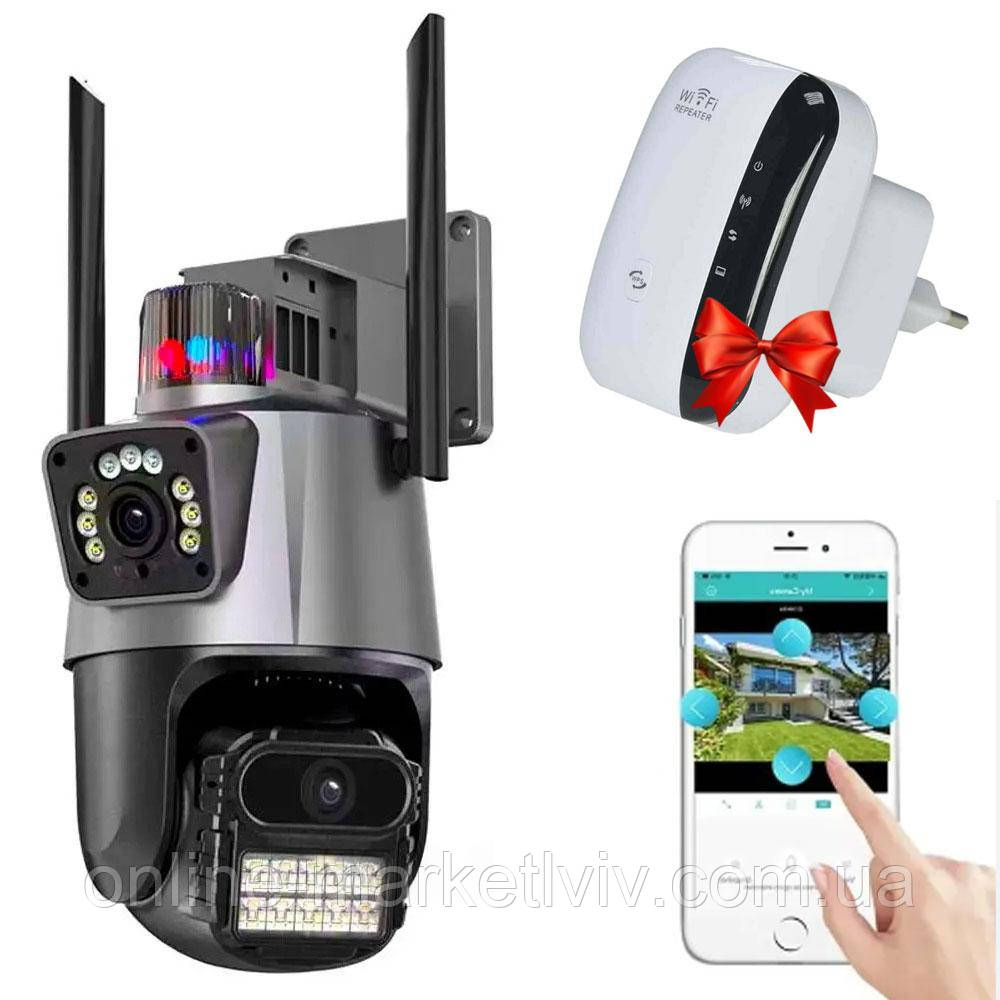 Вулична охоронна WIFI камера Dual Lens + Подарунок Підсилювач WI-FI / Поворотна вай фай камера відеоспостереження