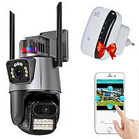 Уличная охранная WIFI камера Dual Lens + Подарок Усилитель WI-FI / Поворотная вай фай камера видеонаблюдения