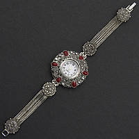 Женские часы круглые 35 мм кварцевые бижутерный сплав в серебристом цвете красно черные кристаллы длина 19 см