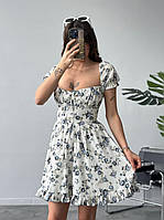 Ошатне літнє плаття з драпіруванням на грудях + спідницею з воланом-штопель чорні квіточки