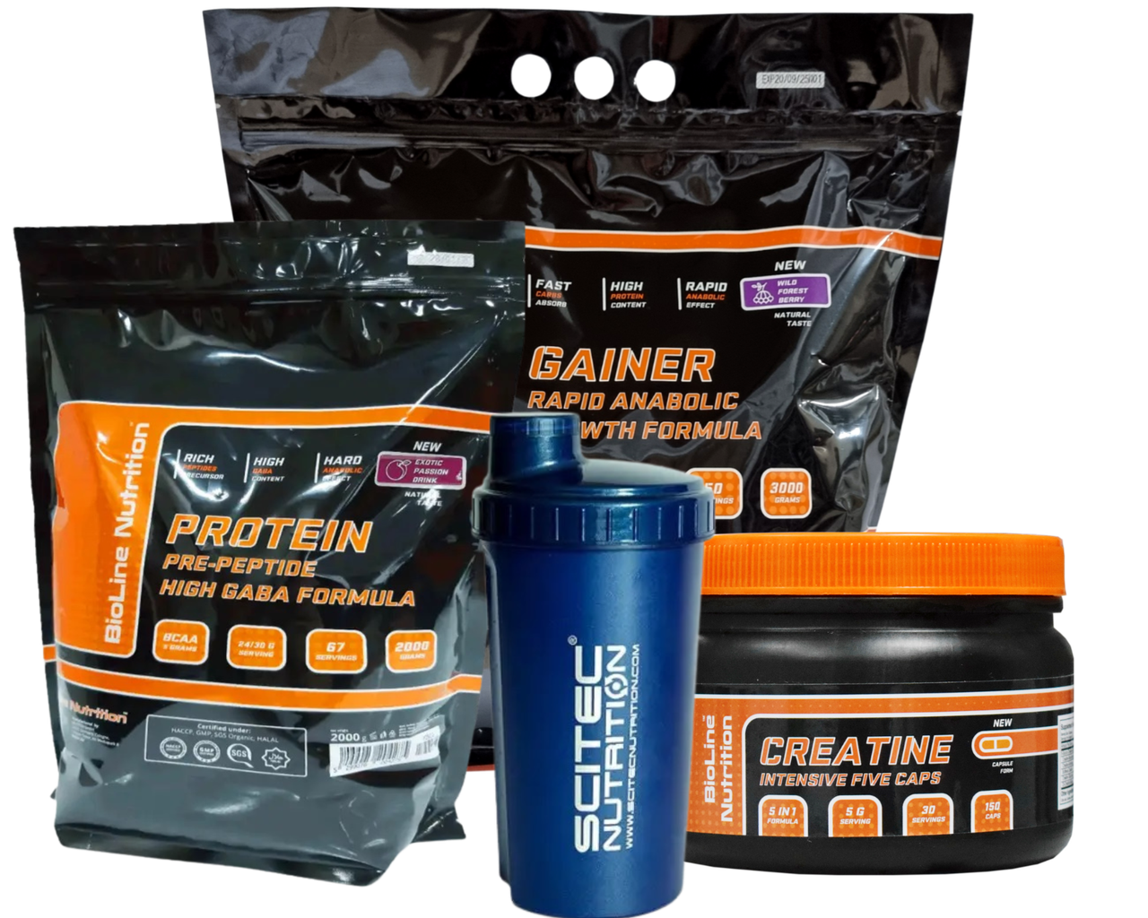 Power Boost Combo Bioline: Протеїн 2 кг персик-маракуйя + Гейнер 3 кг + Креатин капсули + Шейкер, фото 1