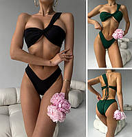 Модный красивый купальник раздельный на одно плечо открытый сексуальный, черный, зеленый, размер S, M
