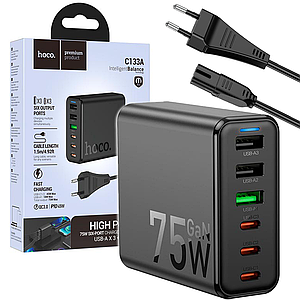 Потужний багатопортовий зарядний пристрій GaN 75W Hoco Earl 6-port Fast Charger C133A QC/PD Black