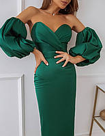 Зеленое атласное платье-миди с разрезом идеальное коктейльное платье для гостей на свадьбу (S, M)