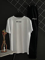 Мужской летний комплект Palm Angels черные штаны белая футболка Палм Энджелс