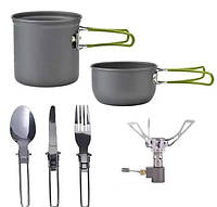 Алюминиевый туристический набор посуды(кастрюля, сковорода, столовые приборы и горелка) COOKING SET DS-101