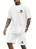 Мужской белый легкий летний спортивный костюм, удобная футболка с принтом и свободные шорты