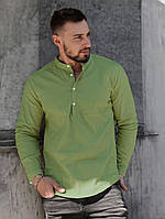 Мужская летняя рубашка льняная зеленая с длинным рукавом, Классическая зеленая рубашка из льна воротник bmbl
