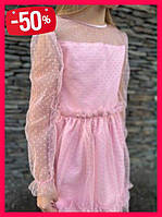 Сарафан літній для дівчинки в горошок Святкова сукня Дитяча сукня на дівчинку рожева сітка шифон JYF