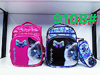 Школьный рюкзак детский с пеналом принт Кошечка для девочки полиэстер, цвет микс
