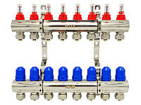 Коллекторная группа для теплого пола и отопления в сборе 1*16, 8 выходов никель , латунь CW617 RSk, Италия