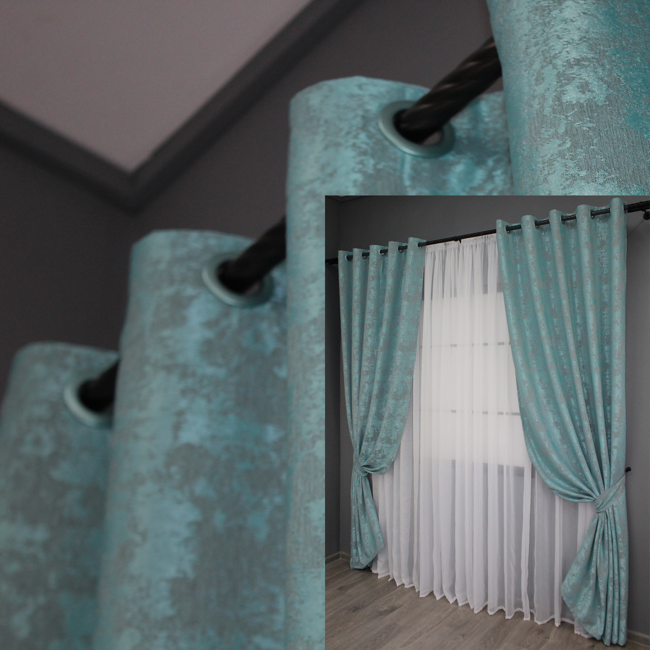 Комплект (2шт. 1,5х2,5м.) штор на люверсах, жакард "Sultan YL". Колір бірюзовий. Код 1292ш 37-0056, фото 1