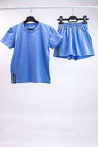 Літній підлітковий комплект для дівчинки футболка+шорти з нашивкою стрейч-кулір 134-140, Блакитний