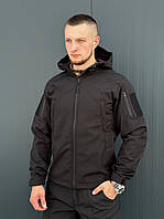 Тактическая демисезонная куртка черная Soft Shell утепленная флисом непродуваемая, Куртка водонепроницаемая