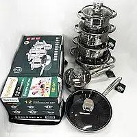 Универсальный набор стальных кастрюль и антипригарная сковорода с сотейником, Посуда из стали-нержавейки hop