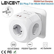 Мережевий фільтр розетка LENCENT 7 в 1 із вимикачем + 2 USB/1TYPE-C, фото 3
