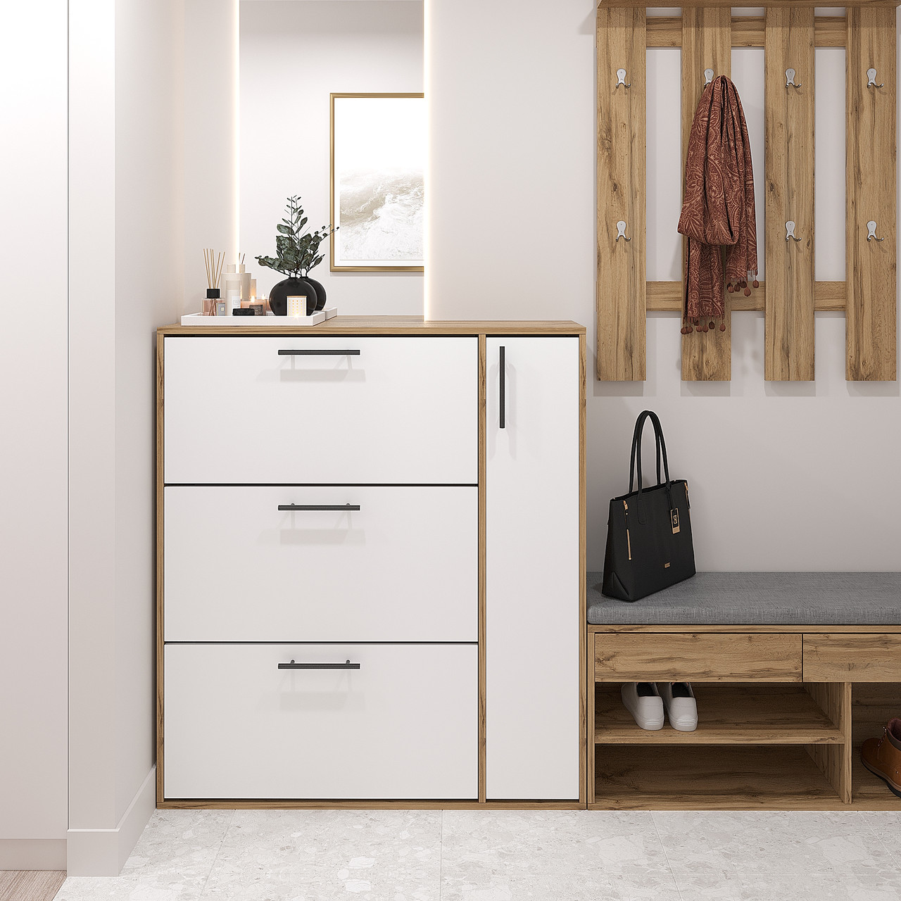 Тумба для взуття ЛДСП 1165х1050х320 мм Дуб Тахо\Біла, фото 1