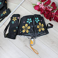 Зонтик полуавтомат женский черный с цветочным принтом, желтые цветы