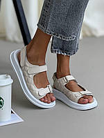 Женские летние бежевые сандалии на липучке. Летние женские кожаные сандалии